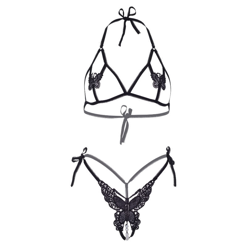 LEG AVENUE - TWO-PIECE BUTTERFLY AND PEARL BRA AND THONG SET - ONE SIZE - BLACK