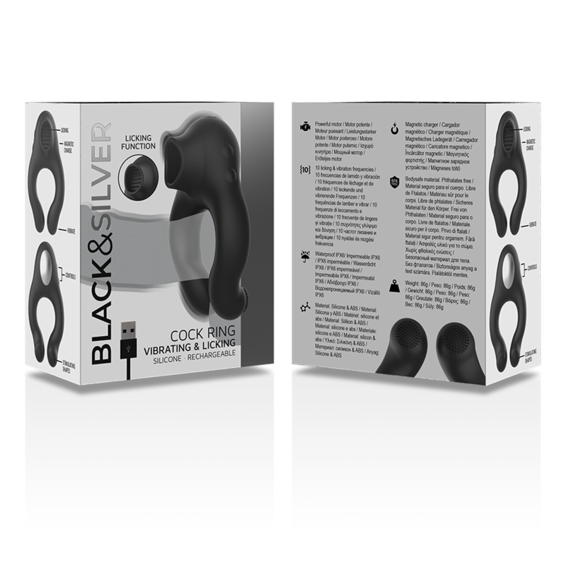 BLACK&SILVER - RECHARGEABLE 3 MOTOR SILICONE VIBRATING RING BLACK