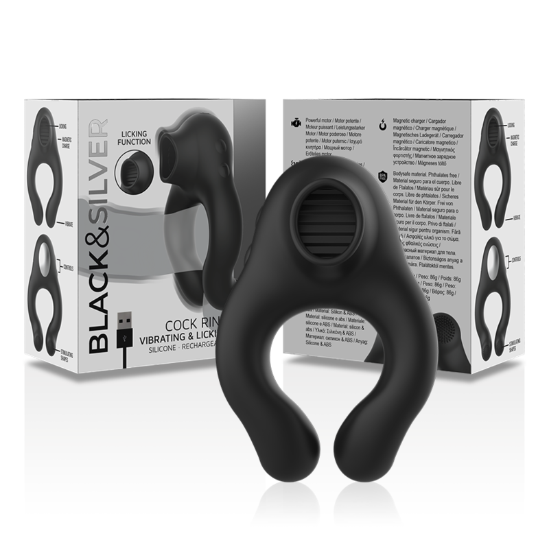 BLACK&SILVER - RECHARGEABLE 3 MOTOR SILICONE VIBRATING RING BLACK