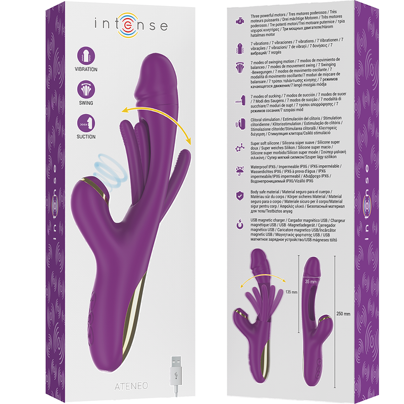 INTENSE - ATENEO RECHARGEABLE MULTIFUNCTION VIBRATOR 7 VIBRATIONS WITH OSCILLATING TONGUE AND PURPLE SUCKER