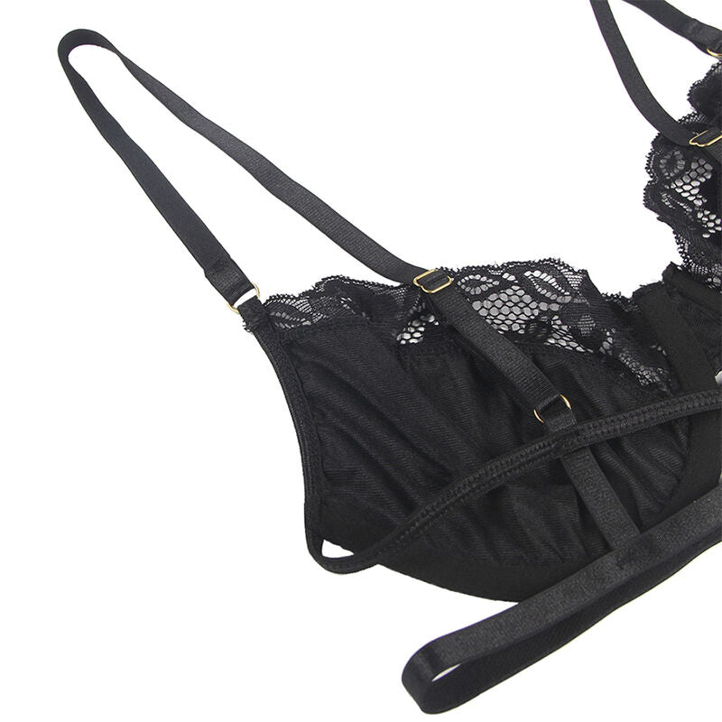 SUBBLIME - 3 PIECE SET BRA + THONG + GARTER BLACK LACE S/M