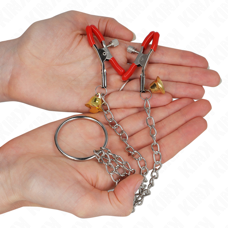 KINK - RED NIPPLE AND CLITORIS CLAMPS WITH GOLDEN BELL AND CHAIN 30 CM