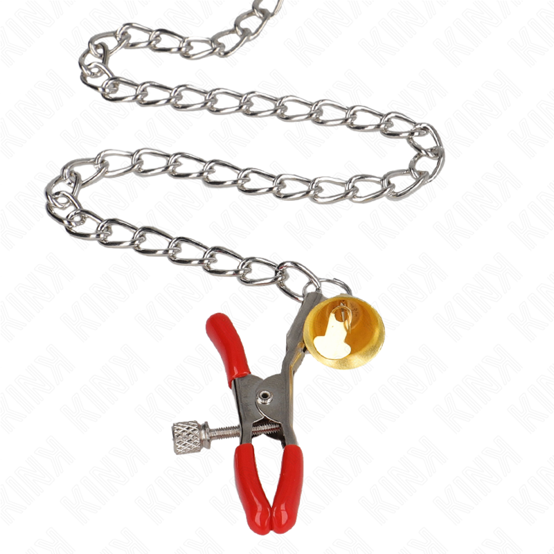 KINK - RED NIPPLE AND CLITORIS CLAMPS WITH GOLDEN BELL AND CHAIN 30 CM