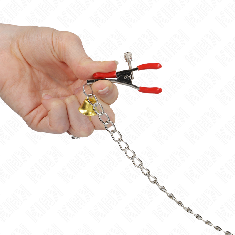 KINK - RED NIPPLE AND CLITORIS CLAMPS WITH GOLDEN BELL AND CHAIN 30 CM