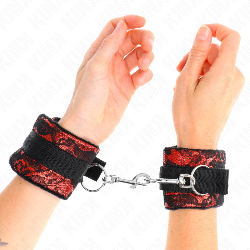 KINK - SHORT WRISTBANDS IN VELVET LACE AND RED/BLACK NYLON BONDING 23 X 6.5 CM