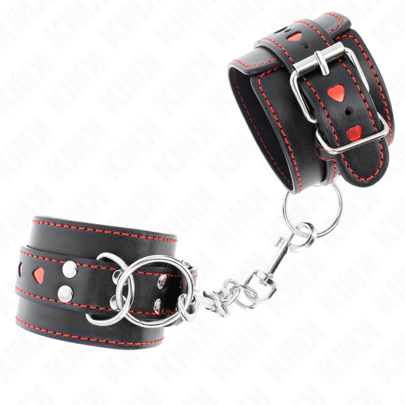 KINK - BLACK WRISTBANDS WITH RED HEART INLAY ADJUSTABLE 21-28 CM X 5.5 CM