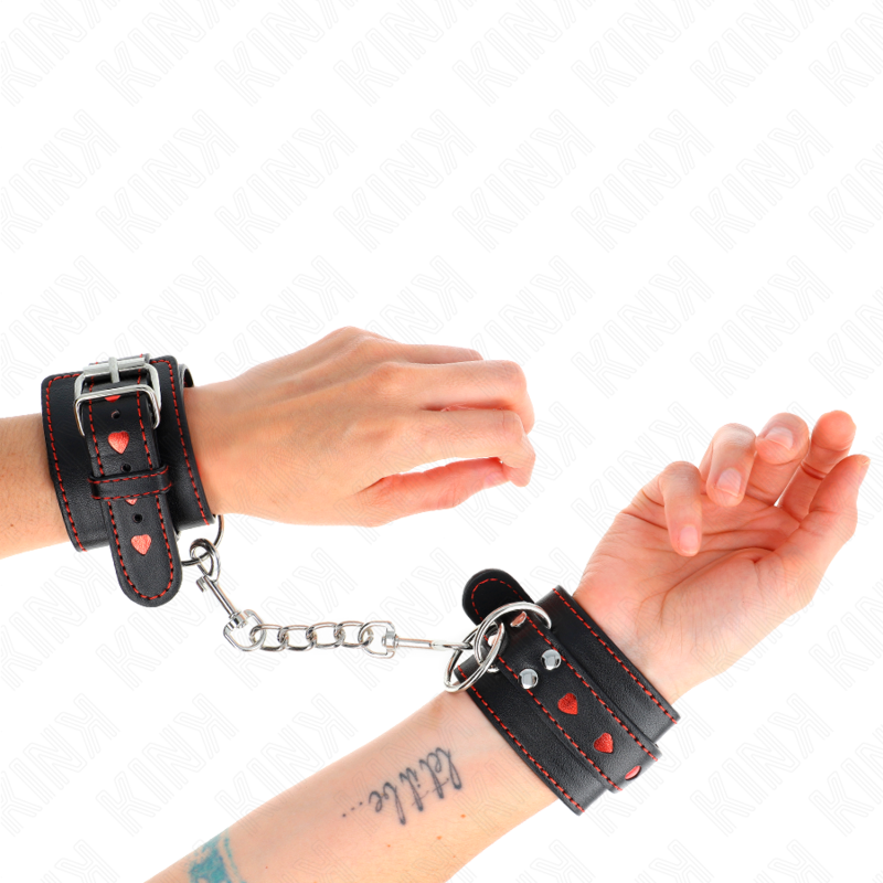 KINK - BLACK WRISTBANDS WITH RED HEART INLAY ADJUSTABLE 21-28 CM X 5.5 CM
